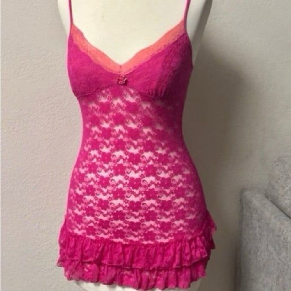 Vintage y2k hot pink lace coquette ruffled slip dress